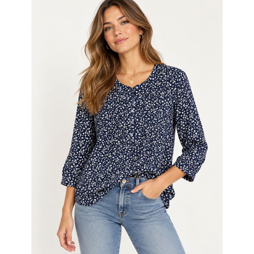 Lands’ End Women’s M Navy Floral Pintuck Blouse 3/4 Sleeve Cotton Modal